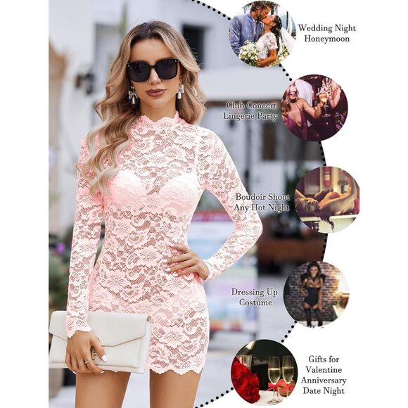 Womens Pink Sheer Lace Long Sleeve Mini Dresses for Party outfit - Picture 5 of 5